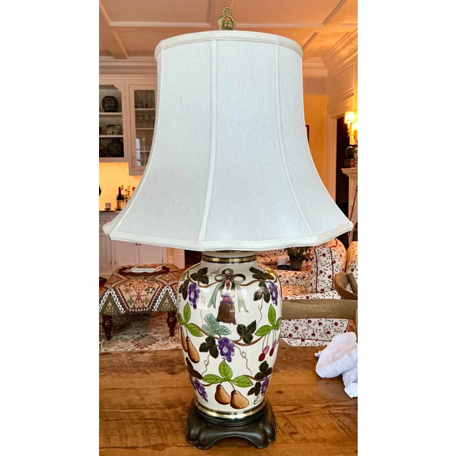 Ethan Allen Pair of 1980s M. Kasima Signed Porcelain Lamps With Botanical and Tassel Design For Sale - Image 4 of 12