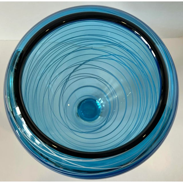 Early 21st Century Art Glass Vase Blue With White Swirls For Sale - Image 5 of 13