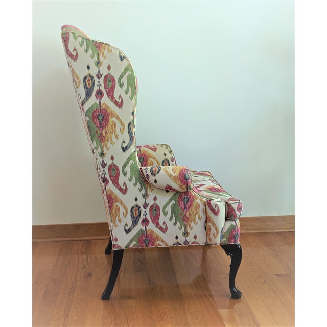 Large Queen Anne Wingback Library Chair Ikat Upholstery Chairish