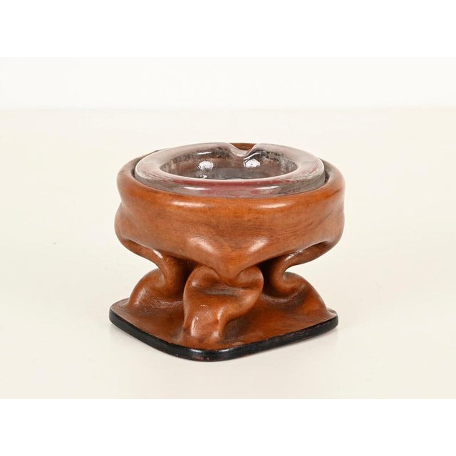 Sculptural Curved Leather and Crystal Ashtray by Jacques Adnet, Italy, 1950s For Sale - Image 10 of 13