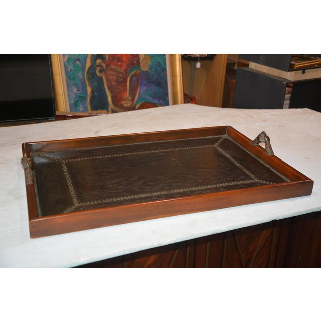 Bronze Antique-Style Mahogany Serving Tray With Bronze Lined Enbossed Bottom and Cast Bronze Handled Mounts For Sale - Image 8 of 12