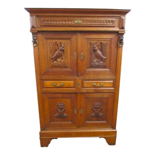 Late 19th Century Antique Belgium Heavy Carved Flemish Renaissance Mechelen Oak Hunting Cupboard For Sale