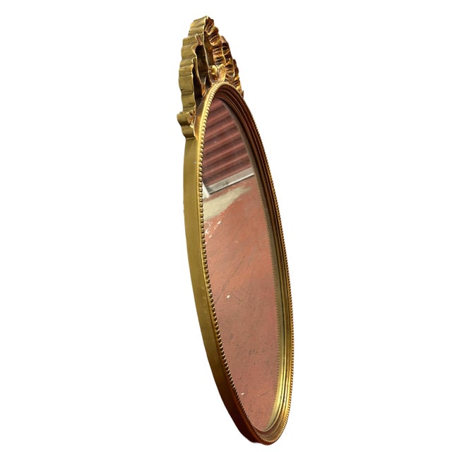 American Vintage Gold Carolina Mirror Company Beveled Oval Mirror With Bow & Ribbon Detail For Sale - Image 3 of 8