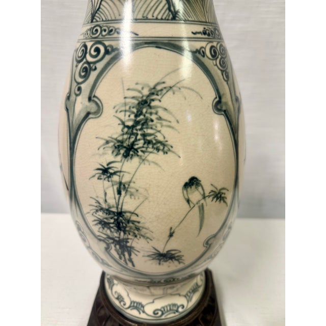 Stunning Vintage Chinoiserie Blue and White Ginger Jar Style Table Lamp With Cream Shade For Sale - Image 4 of 11