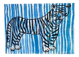 Stripe Folk Art Tiger Painting in Blue and Black on Wood