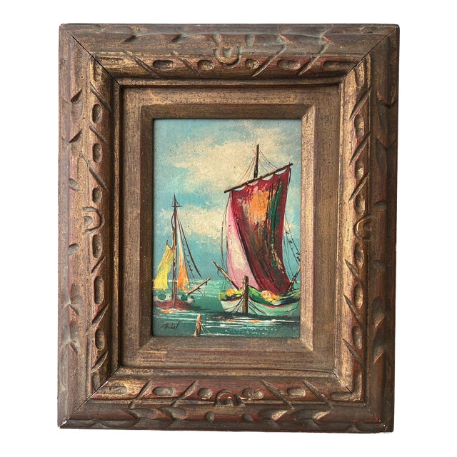 1960s Small Impasto Sailboat Oil Painting in Antiqued Giltwood Frame, Signed Michel For Sale