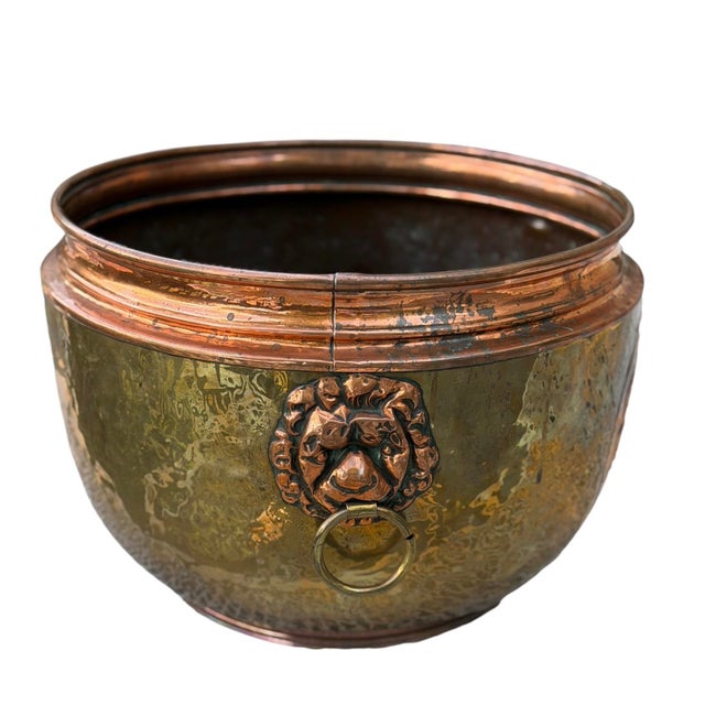 Late 19th Century Large 14" Antique French Repoussé Copper Jardinière, 19th Century Alliance Coat of Arms Cachepot, Lion Head Handles, French Planter For Sale - Image 5 of 15