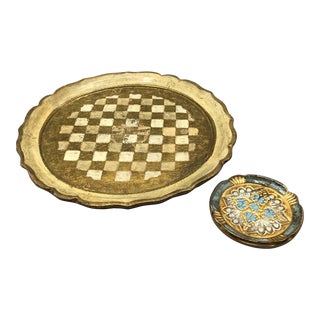 Vintage Italian Round Gold Florentine Tray With Small Florentine Trinket Dish-Set of 2 For Sale