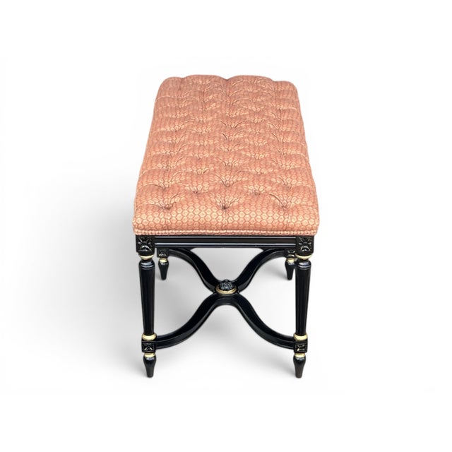 1960s 1960s Louis XVI Style Ebonized Bench With Tufted Coral Jacquard Upholstery For Sale - Image 5 of 10