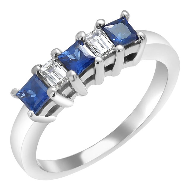 Vintage Platinum Ring Emerald-Cut Diamonds Princess-Cut Sapphires Size 5.5 For Sale