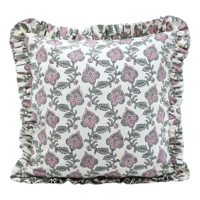Block Print Ruffle Throw Pillow Decorative Ruffle Accent Cushion for Home Décor and Styling 14x14 Inch- Madubala For Sale