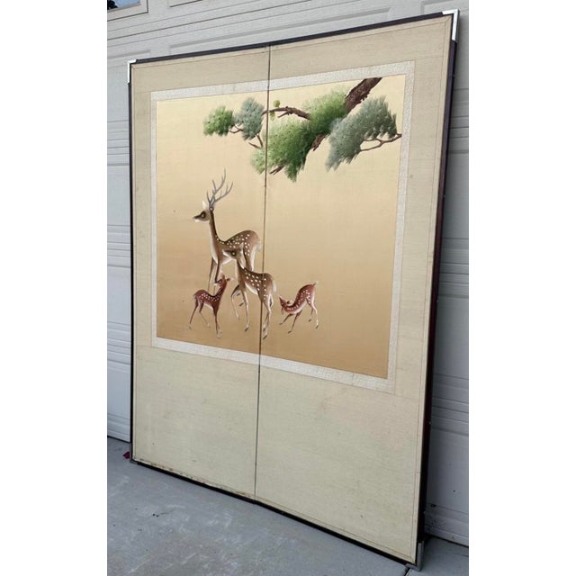 Antique Japanese Meiji Two-Panel Embroidered Silk Screen W/ Deer & Pine, C. 1880 For Sale - Image 16 of 18