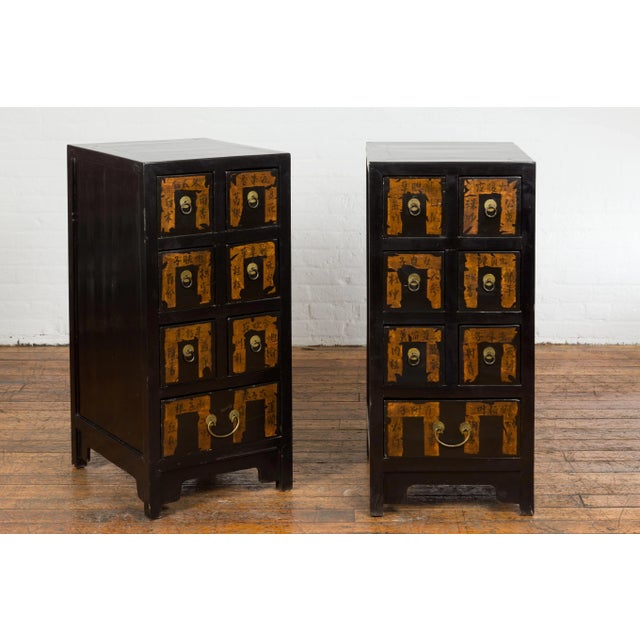 Chinese Qing Dynasty Black Lacquer Apothecary Cabinets with Calligraphy - A Pair For Sale - Image 12 of 13
