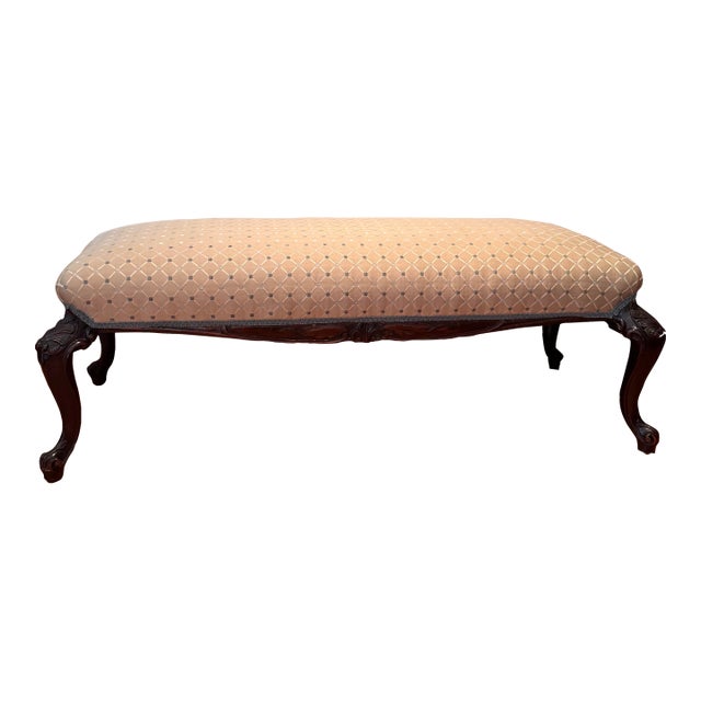 Late 20th Century Queen Anne Walnut Bench / Ottoman in Brunschwig & Fils Upholstery – Carved Cabriole Legs For Sale
