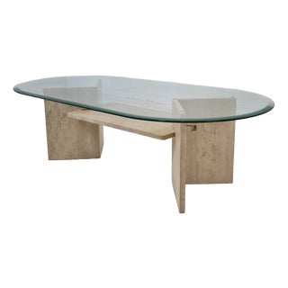 Italian Coffee Table in Travertine and Facet Cut Glass, 1980s For Sale