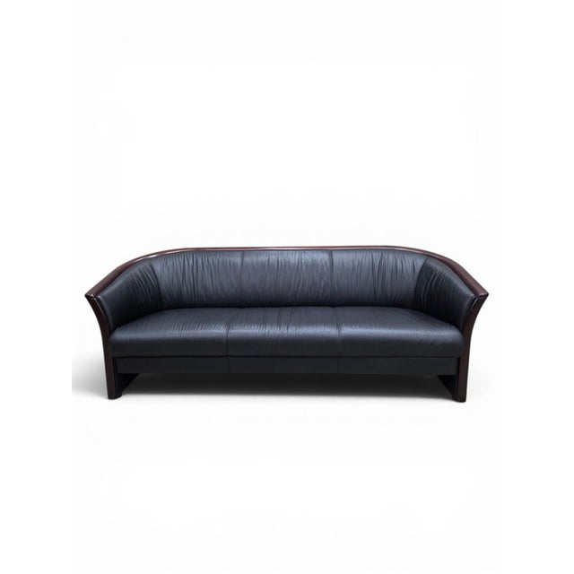 Vintage Ekornes Scandinavian Modern Black Leather Sofa With Rosewood Accents For Sale - Image 9 of 9