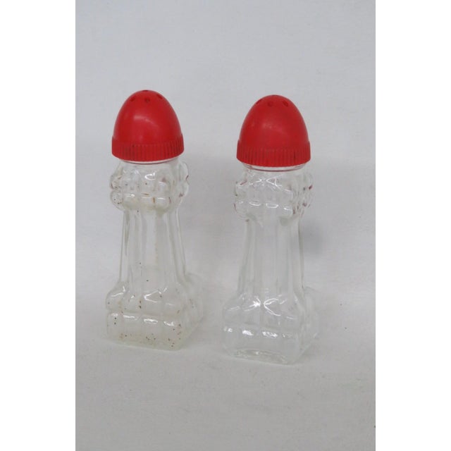 Mid 20th Century Mid Century Modern Pressed Glass Salt and Pepper Shakers Pair of 2 With Red Tops For Sale In Miami - Image 6 of 15