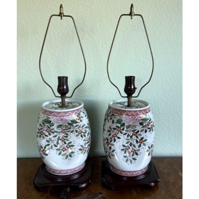 Mid 20th Century Pair of Asian Floral Motif Pottery Lamps For Sale - Image 6 of 10