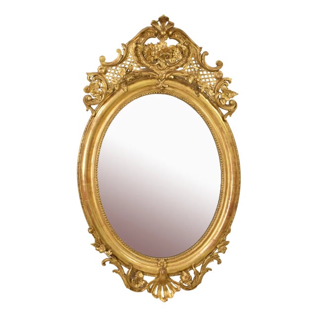 19th Century Round Gold Mirror with Flowers and Scrolls & Gold Leaf Frame For Sale