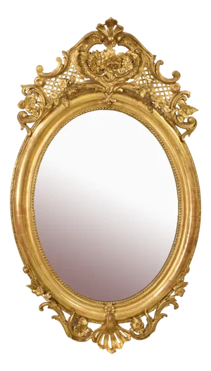 19th Century Round Gold Mirror with Flowers and Scrolls & Gold Leaf Frame