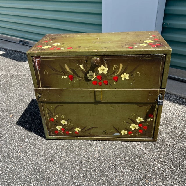 Vintage Repurposed Metal & Wood Military Box - Green Floral Box of Drawers Signed For Sale - Image 9 of 11