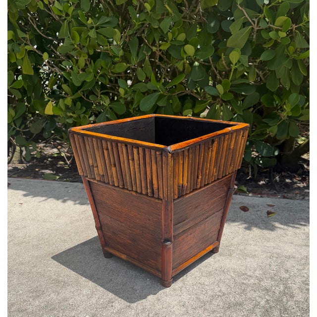 Contemporary Vintage Bamboo & Wood Square Cachepot / Planter Stand – British Colonial Palm Beach Style For Sale - Image 3 of 11