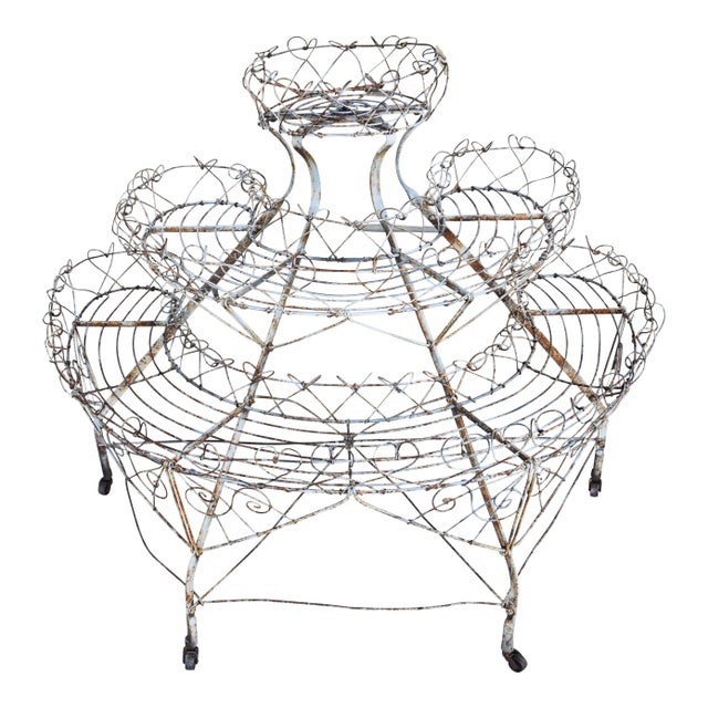 Metal Antique Ornate French Half-Circled Tiered Heart Wire Plant Stand W/ Castor Wheels For Sale - Image 7 of 9