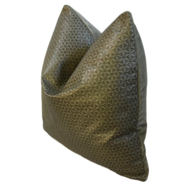 Embossed Brazilian Tanned Leather Green Floral Feather/Down Pillow For Sale In Los Angeles - Image 6 of 9