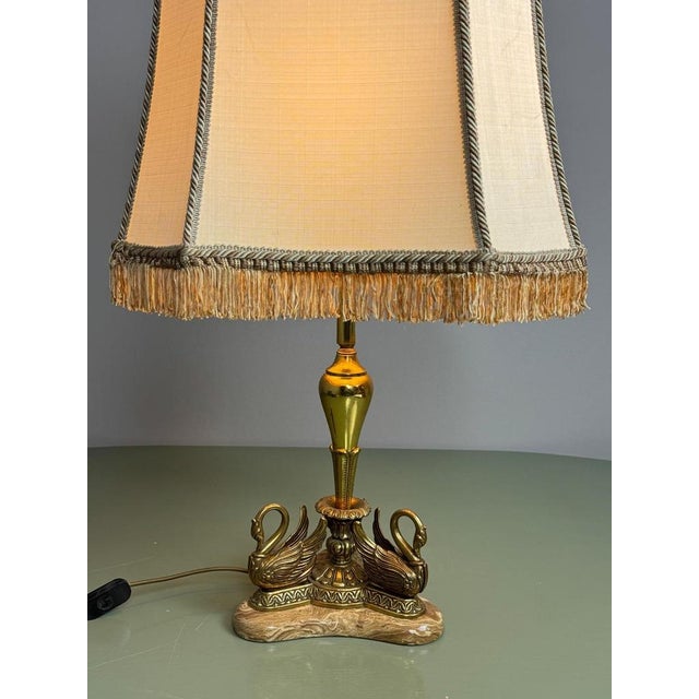 Metal Hollywood Regency Sculptural Swan Table Lamp with Marble Base and Fringed Shade attributed to Deknudt, Belgium, 1970s For Sale - Image 7 of 10