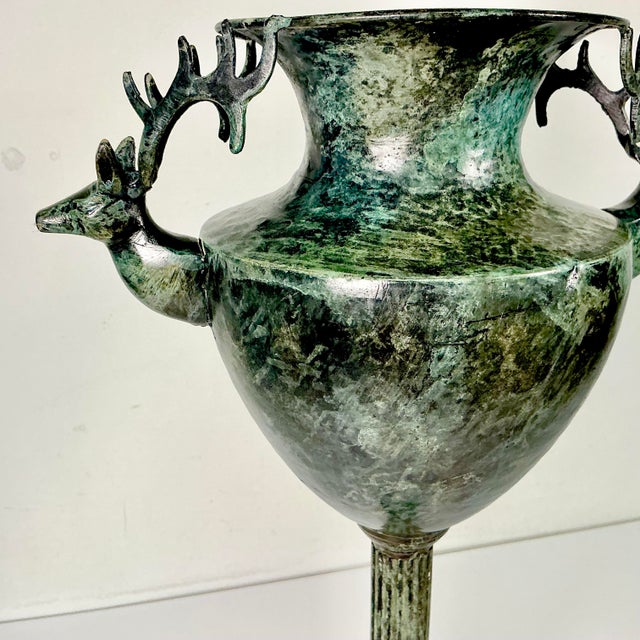 1970s Vintage Neoclassical English Stag Head Faux Verdigris Green Tole Pedestal Urn Vase. For Sale - Image 6 of 15