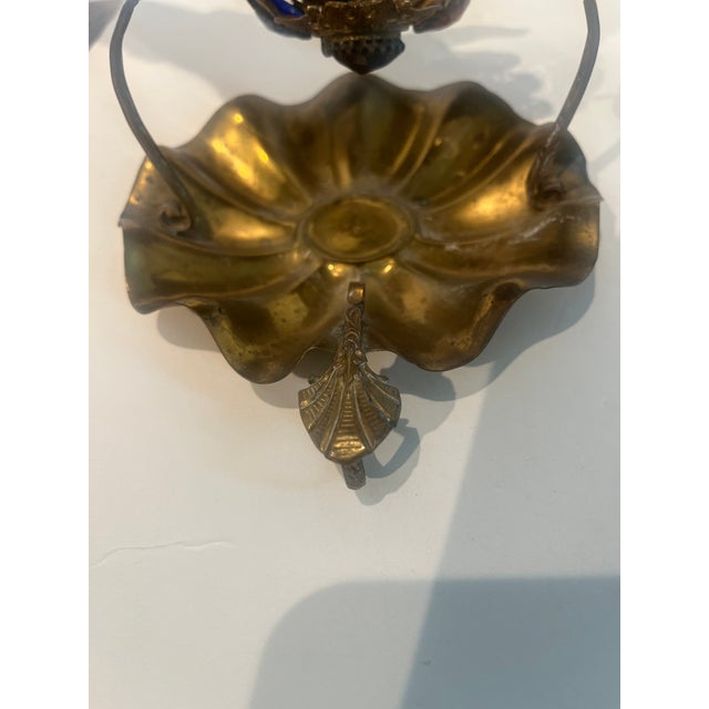 Antique Pierced Brass Jeweled Fairy Lamp Table Lamp on Ruffled Tray Catalog Reference U-348 For Sale - Image 9 of 11