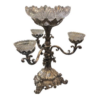 Late 19th Century Sheffield Silverplate Epergne Cut Crystal Bowl Candelabrum Candelabra For Sale