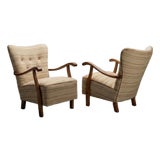 Swedish Modern Arm Lounge Chairs in Linen & Birch, Pair For Sale