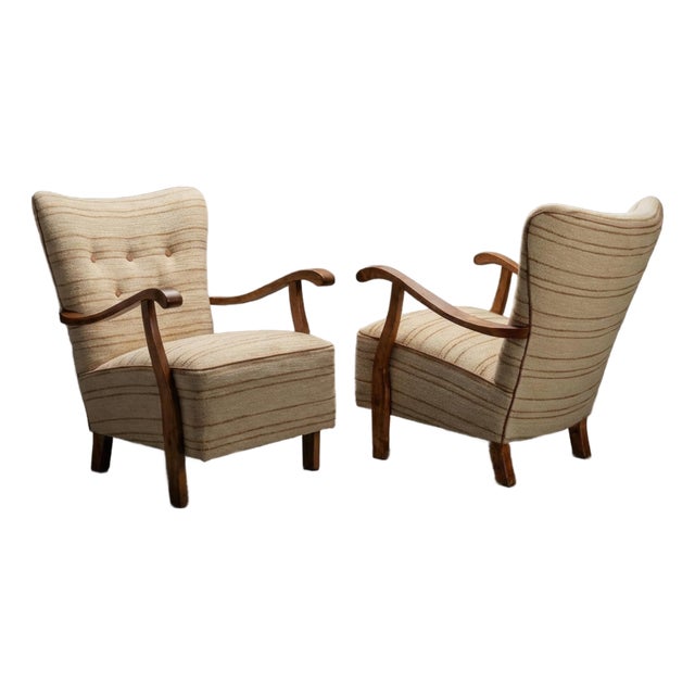 Swedish Modern Arm Lounge Chairs in Linen & Birch, Pair For Sale