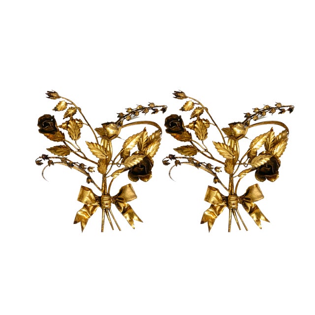 Large Florentine Candleholders in Gilded Metal, 1950s, Set of 2 For Sale