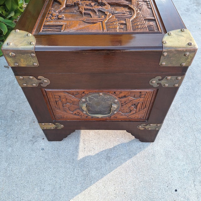 George Zee 1960s George Zee Hand-Carved Chinese Camphor Wood & Brass Trunk For Sale - Image 4 of 12