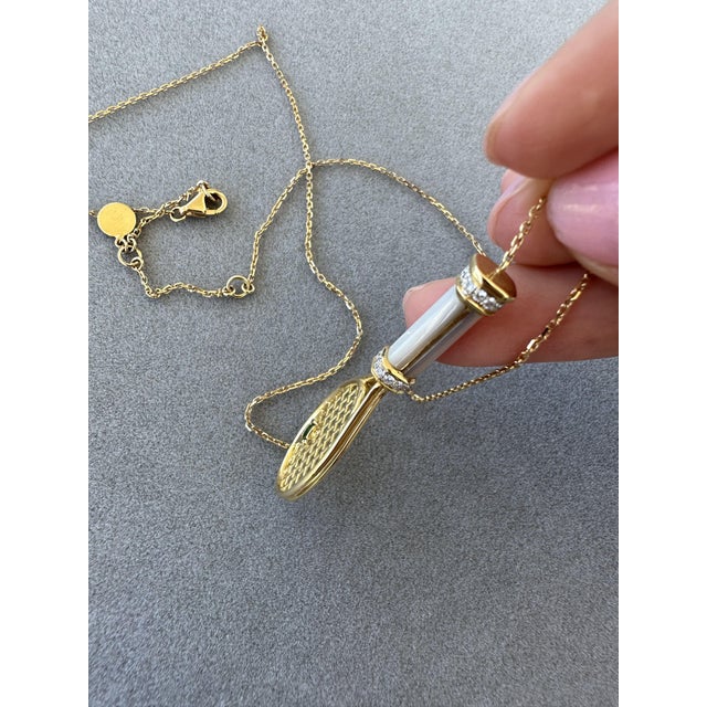 Diamond White Pearl Emerald 18 Karat Gold Tennis Racket Charm Pendant Necklace For Sale - Image 17 of 17
