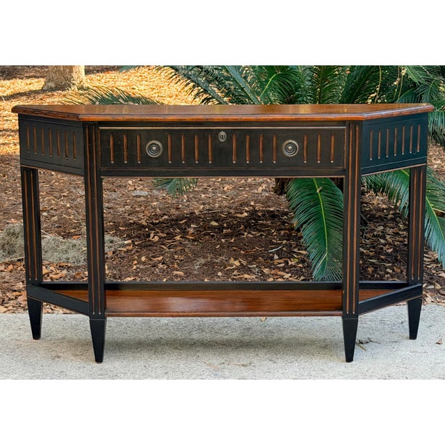 Handsome one drawer vintage neoclassical regency inspired demi-lune console table measuring 62" long , 36 1/2" tall, 14"...
