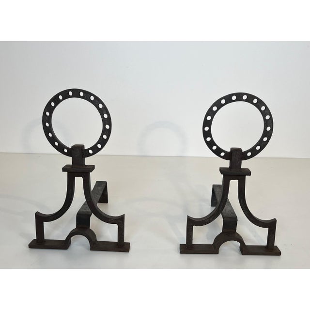Gilbert Poillerat Pair of modernist wrought iron andirons in the style of Gilbert Poillerat For Sale - Image 4 of 12