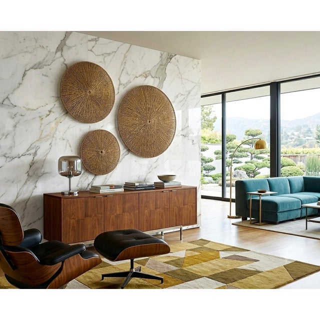 Offering a large Trio of Organic Modern Jute Circular Wall Sculptures with steel framing support, circa Late 20th Century....
