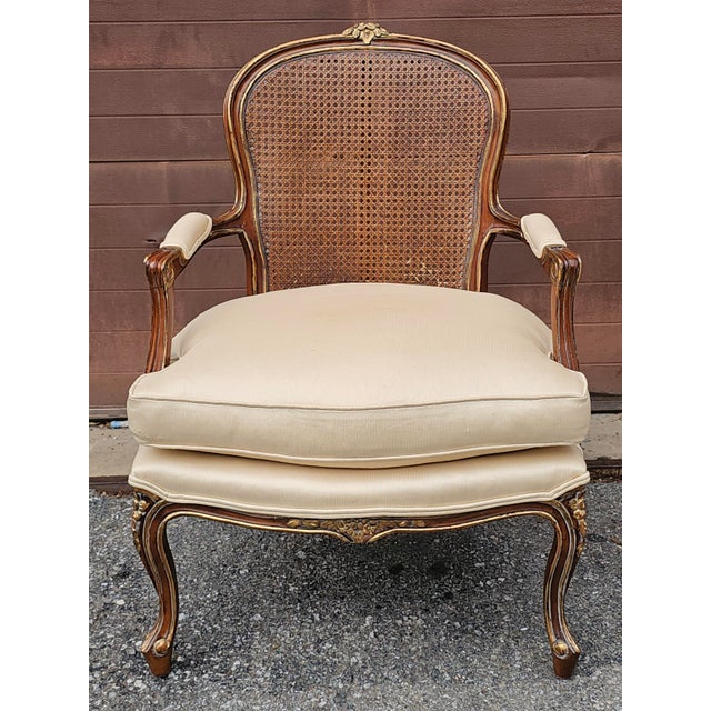 Late 20th Century Pair Century Furniture Lpuis XV Style Walnut Cane Back and Upholstered Fauteuils For Sale In Washington DC - Image 6 of 12