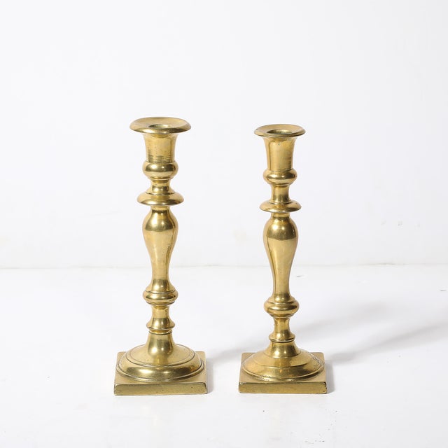 Near Pair Neoclassical Balustrade Form Brass Candleholders With Square Bases For Sale - Image 9 of 11