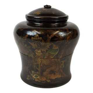 20th Century Hand Painted Black Lacquered Round Wooden 2 Tier Tea Caddie For Sale