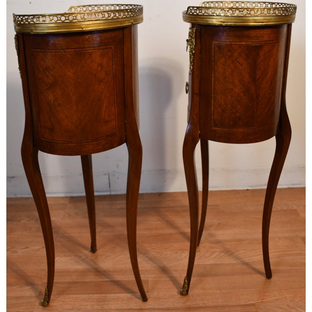 1880 Antique French Louis XV Walnut Inlaid Marble Top Nightstands Bedside Tables For Sale - Image 15 of 16
