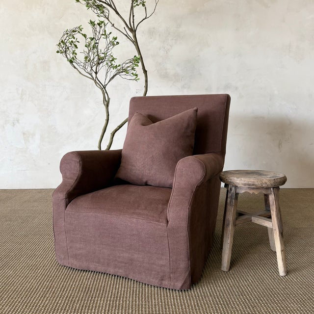 Regent Chair Slip Covered in Belgian Linen- Dark Rust For Sale - Image 10 of 10