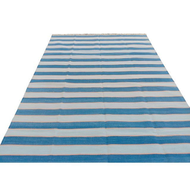 Handmade Cotton Area Rug, Natural Vegetable Dyed, Blue and Orange Striped Rug - 4'x6' For Sale - Image 9 of 11