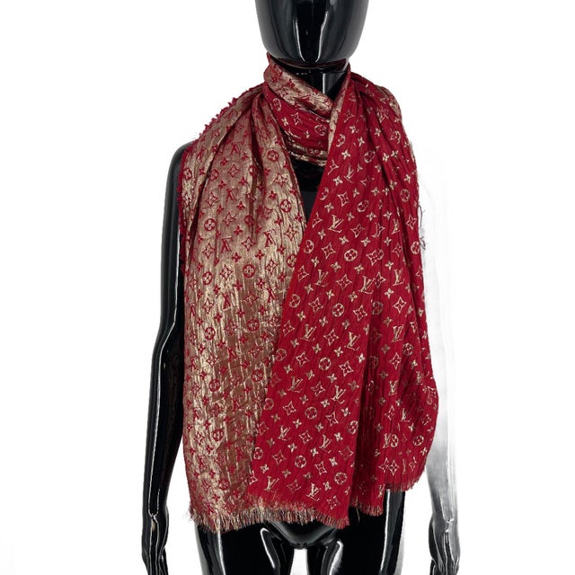 Louis Vuitton Red Reversible Silk Wool Scarf | Chairish
