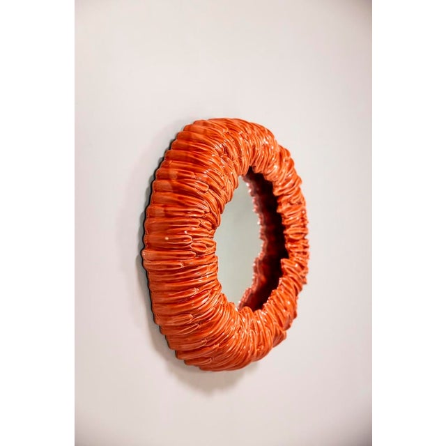 Red Round Mirror with Orange-Red Ceramic Frame, 1970s For Sale - Image 8 of 8