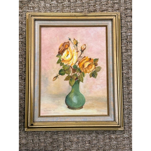 Shabby Chic Mid Century Rose Vase Still Life Framed Oil Painting For Sale - Image 3 of 3