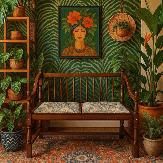 Vintage Spindle Back Wood Settee With Floral Cushions For Sale - Image 11 of 16